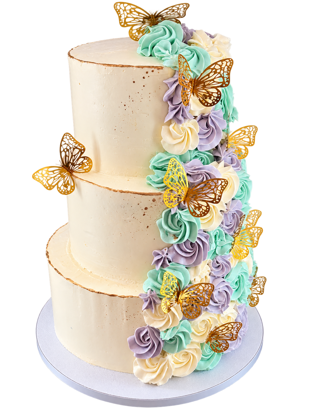 Tarta personalizada de tres pisos con flores y mariposas